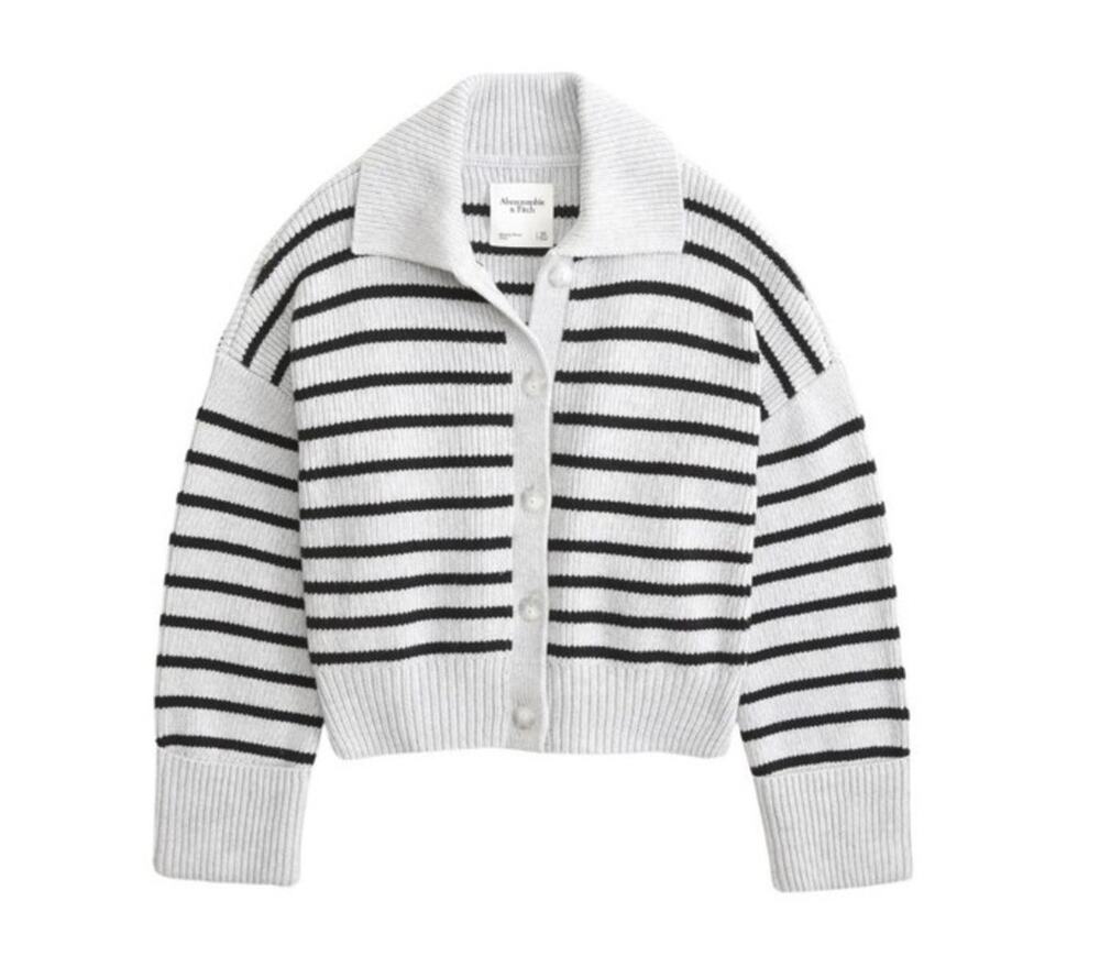 Abercrombie & Fitch Gray Black Striped Collared Cardigan Sweater Women's L Boho